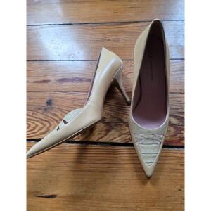 AK Anne Klein Beige Leather Pointed Toe Pumps Croc Embossed Heels Womens 7.5M